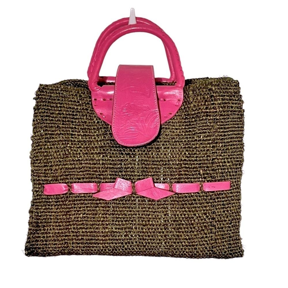 Rare Handmade Mexican Jute Tote Bag Brown/Pink